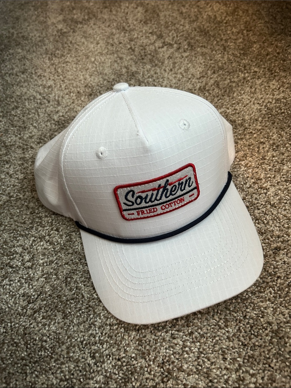Southern Fried Cotton White Cap with Red Patch and Navy Rope